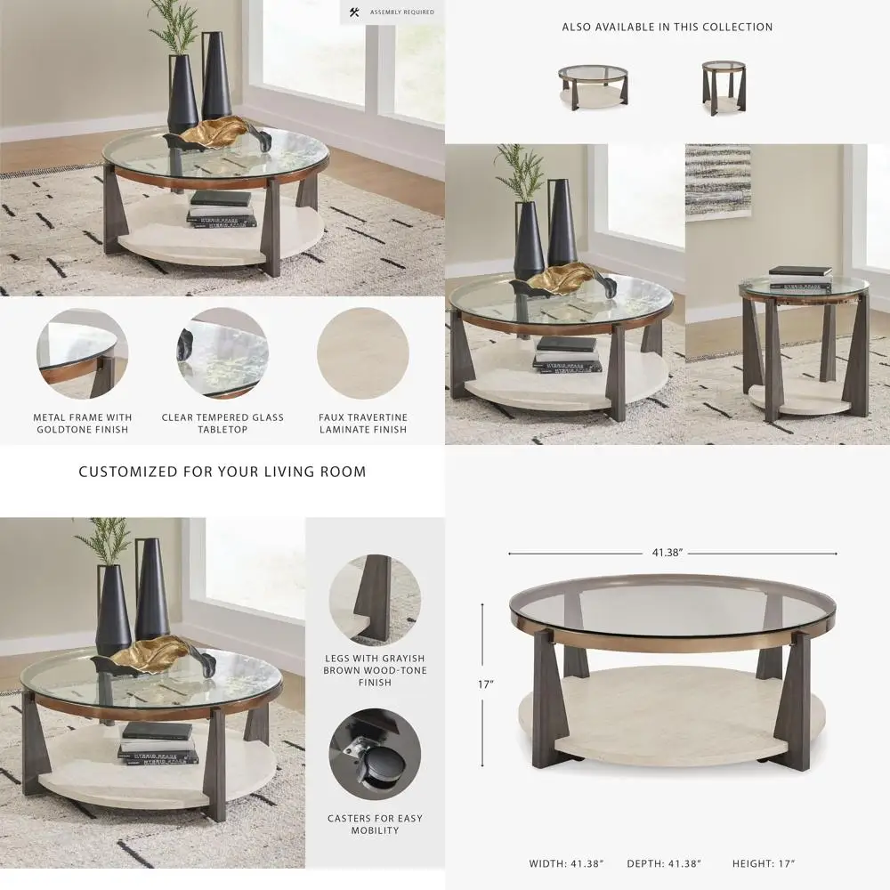

Round Glass Top Coffee Table with Gray, Brown, and Gold Finishes