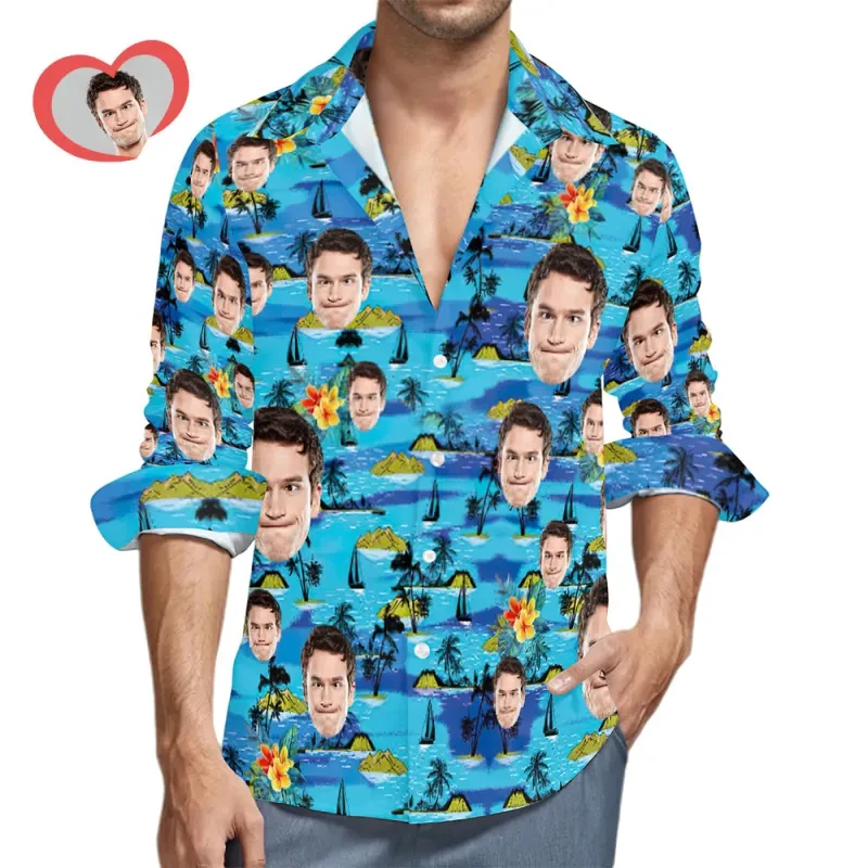 Hawaiian Custom Avatar 3D Print Shirts For Men Funny Birthday Gift DIY Photo Long Sleeve Blouses Women Couple Anniversary Tops