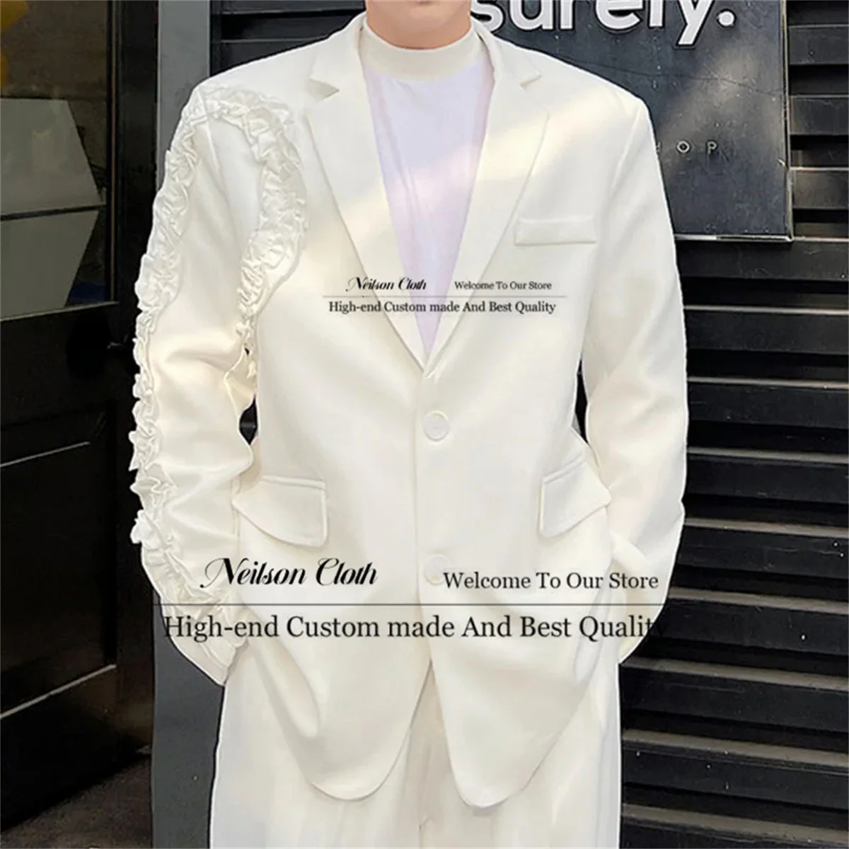 

Beige Lace Trim Male Prom Blazers 2 Pcs Sets Single Breasted Groom Wedding Tuxedos Notched Lapel Customized Casual Costume Homme