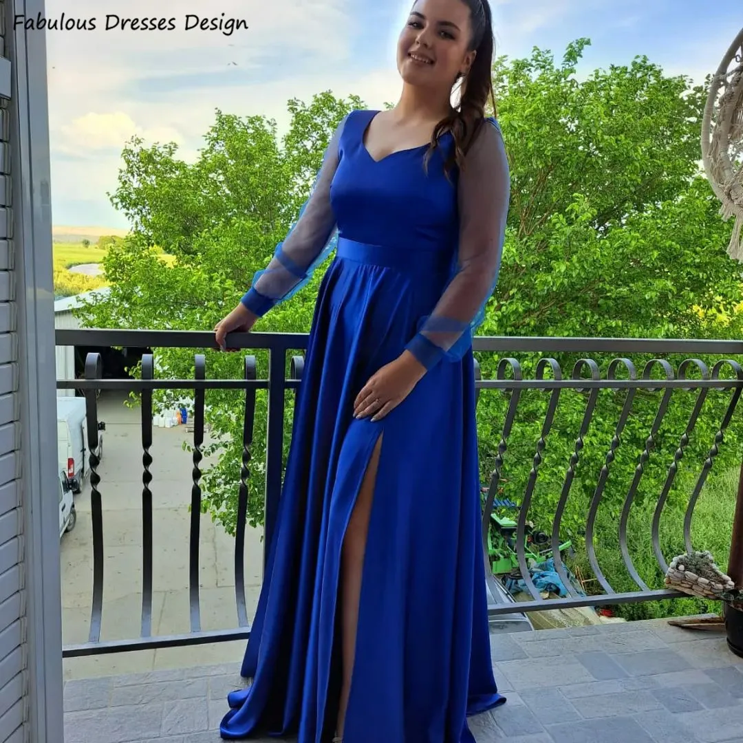 Abiti da damigella d'onore a maniche lunghe trasparenti Royal Blue Long a-line fessura con scollo a v abiti da sposa per le donne Prom Party Gown