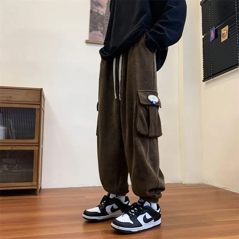 Men Corduroy Cargo Pants Big-Pockets Workwear Drawstring Casual Jogger Pant Trousers Streetwear Overalls Sweatpants Tracksuit