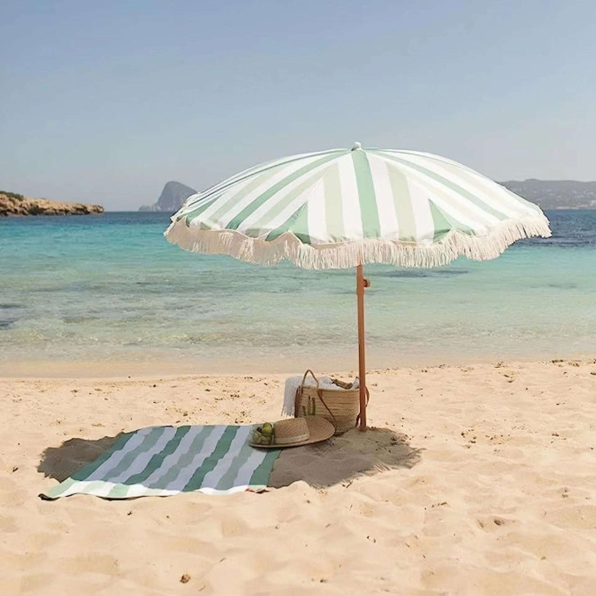 

Outdoor sun protection green and white striped fringed beach umbrella terrace garden leisure courtyard parasol portable