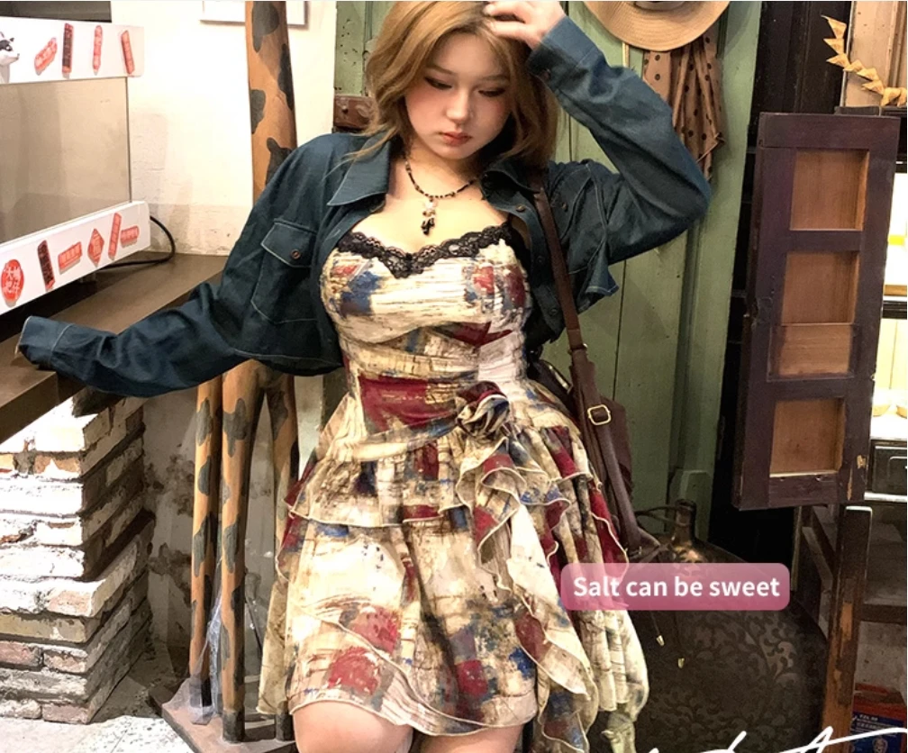 Girl Annie's Unpopular Lace Splicing Irregular Strap Skirt for Women 2025 Summer New Collection, Small and Medium Sized Dress