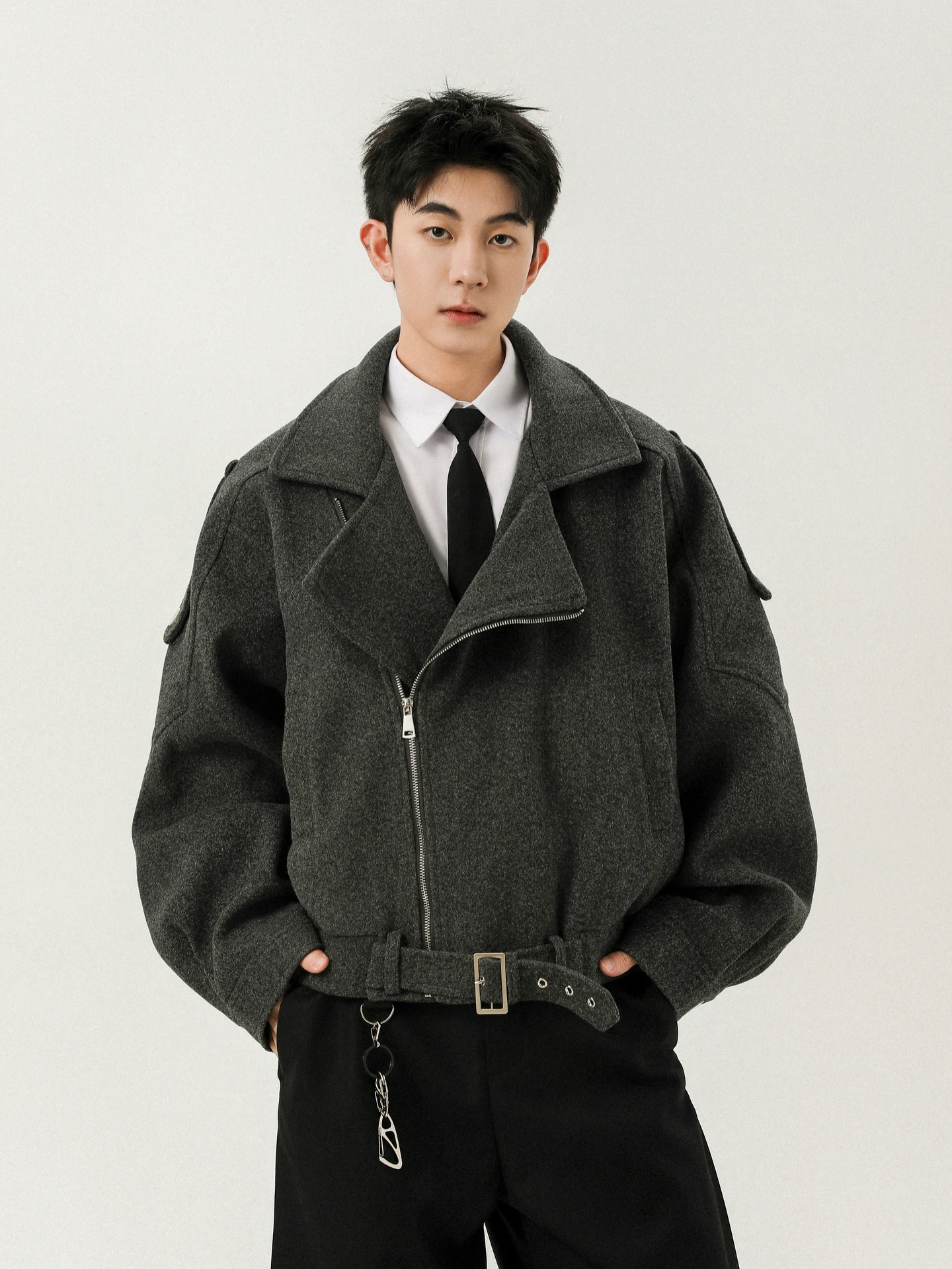 

American Retro ey Woolen Coat Loose Men's Jaet Youth Trendy Brand Casual Outerwear Long Sve Zipper Closure Autumn Wear