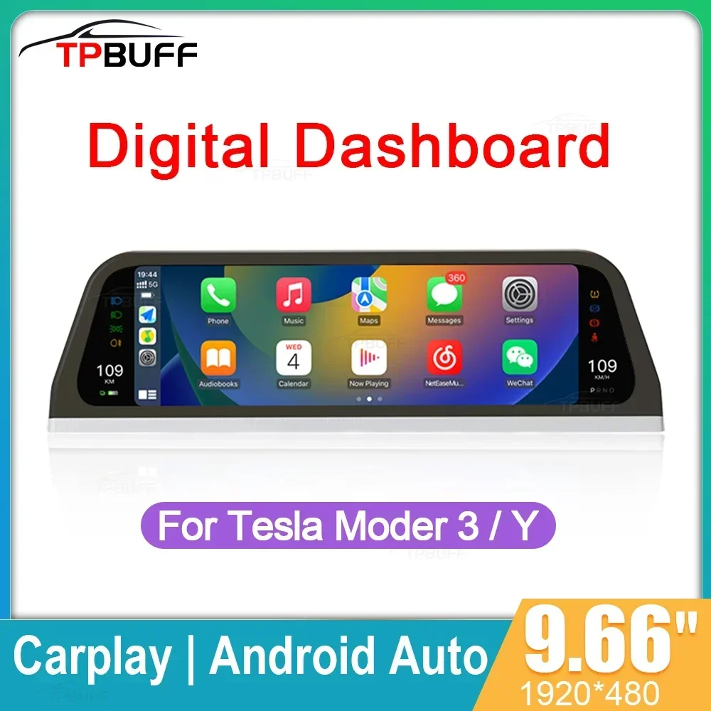 TPBUFF 9.66inch HUD for Tesla Model 3 Y Digital Dashboard Head Up Display Support Carplay Android Auto IPS Screen Display Speed