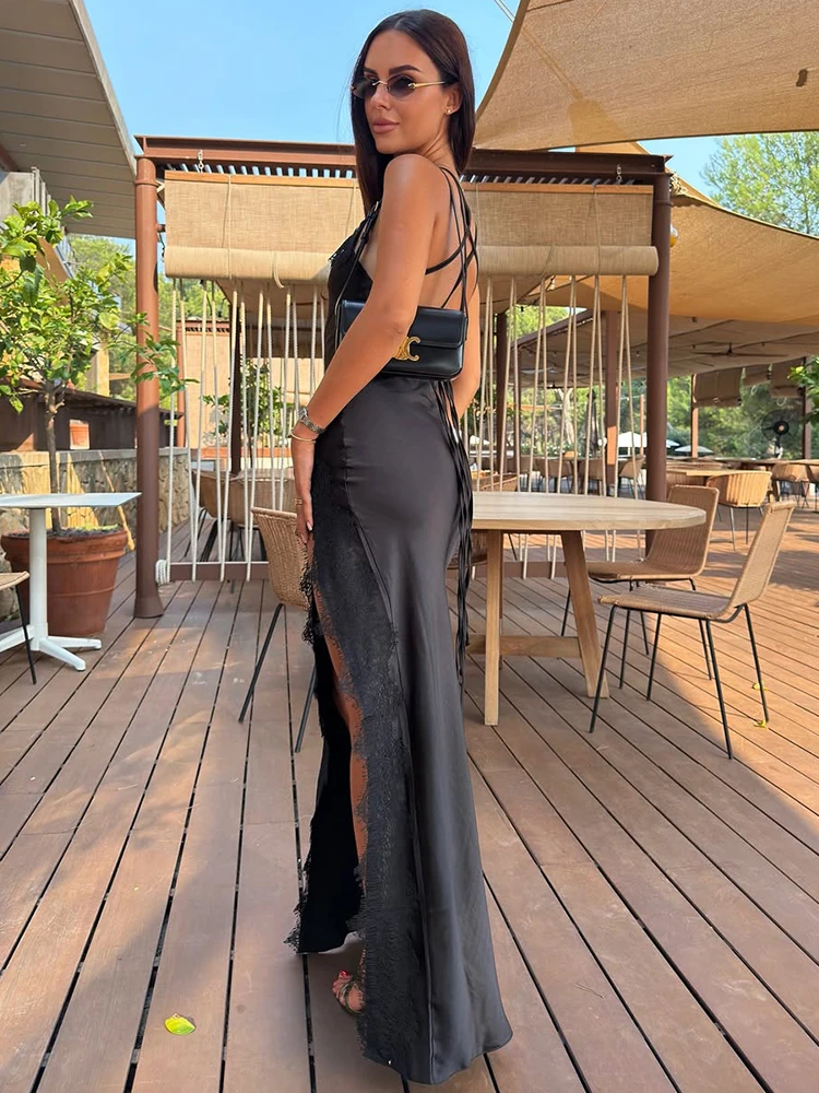 Trendix Abito lungo in pizzo con spacco laterale Moda donna Halter Slim con spalle scoperte Abiti lunghi Boho Abito elegante con fasciatura sexy senza schienale