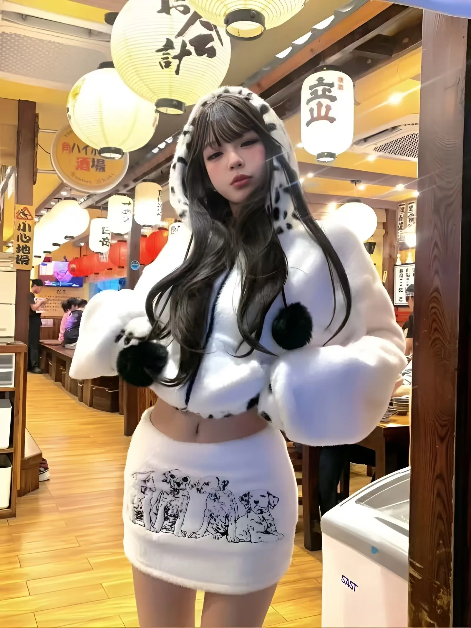 Women Fall and Winter Suit with Dalmatian Printed Hooded Sweatshirt and Printed Soft Hip Skirt Showing Youthful Vitality 2024