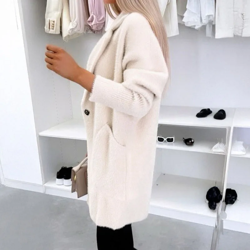 ملابس خارجية فضفاضة غير رسمية للخريف والشتاء معطف صوفي بأكمام طويلة للنساء سترات جيب بأزرار بلون سادة بسيطة #3