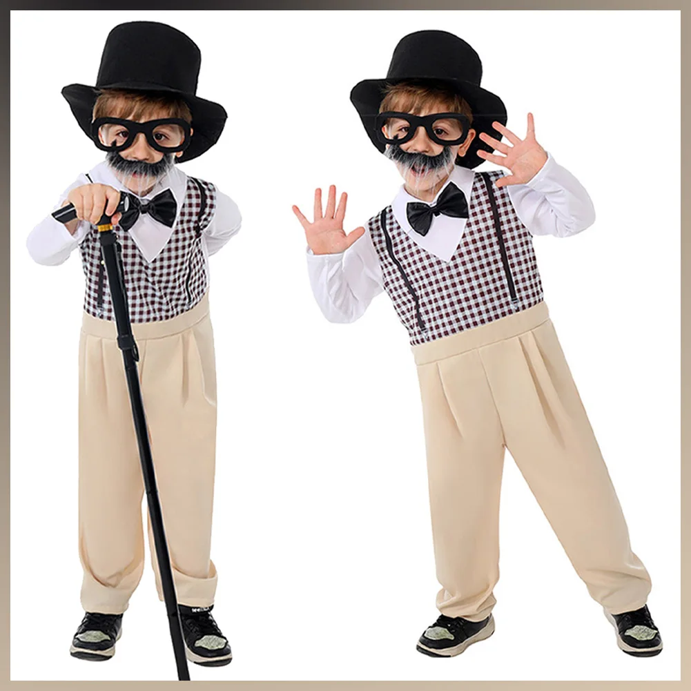 Kids Boys Beard Centenarian Cosplay Costume Children Stage Performance Outfits Hat Wand Clothing Set Halloween Child Role Suits