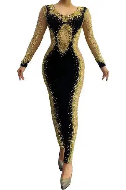 Evening Birthday Backless Black Velvet Leggings Women Dancer Bar Costume Gold Rhinestone Long Sleeve Transparent Jumpsuit