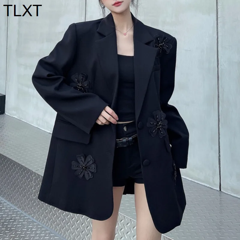 

TLXT Women's Temperament Diamond Nail Bead Three Dimensional Flowers Suit Notched Single Breasted Jacket 2025 Spring New XK1032