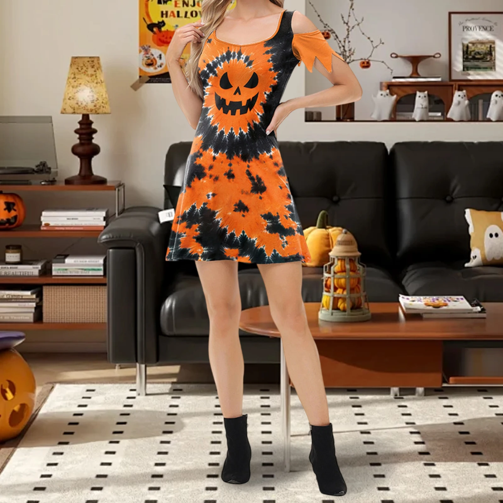 

Платье без рукавов с принтом на Хэллоуин, женское короткое платье-футболка с коротким рукавом и V-образным вырезом, однотонное платье на пуговицах