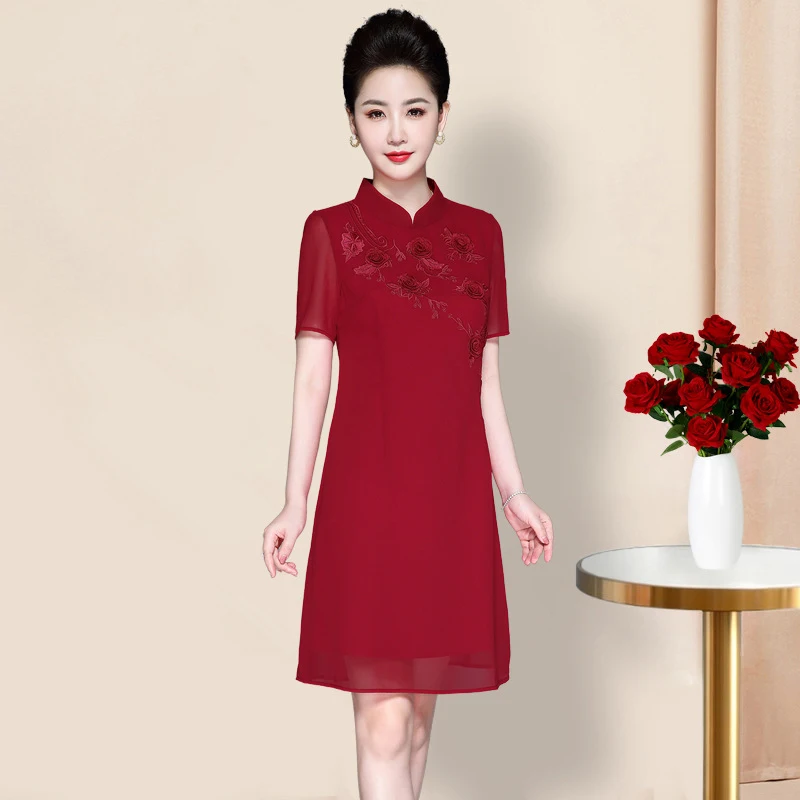 

Elegant Wedding Dress for Mother of the Bride High-End Shawl Collar Zipper Closure Silk Georgette Midi Dress for La...
