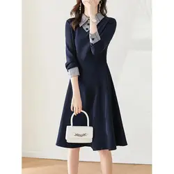 Women's 2024 Spring and Autumn New Splicing Polo Collar Button Fashion Solid Fake Two Piece Minimalist Casual Long Sleeve Dress