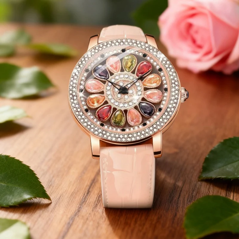 A women's rose-colored fashionable and elegant rainbow candy PU leather quartz watch