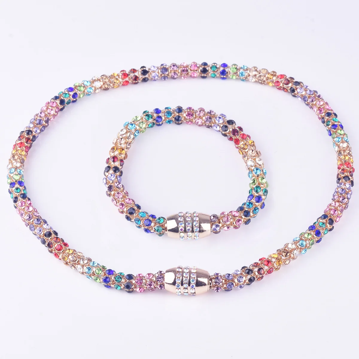 

Foydjew Exquisite Luxury Rainbow Color Micro-inlaid Crystal Necklaces Bracelets For Women Fashion Silver Color Jewelry Sets