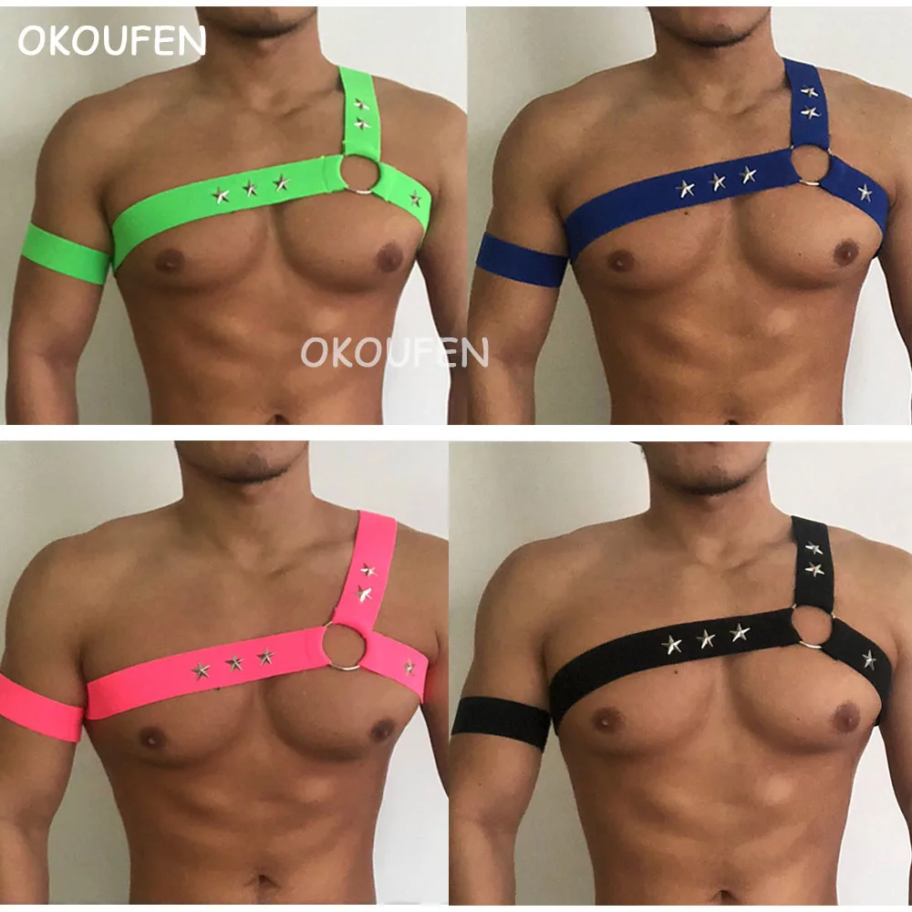 

Sexy Sports Rivets Chest Strap Nightclub DJ Male Gogo Stage Costumes Fluorescent Party Elastic Straps