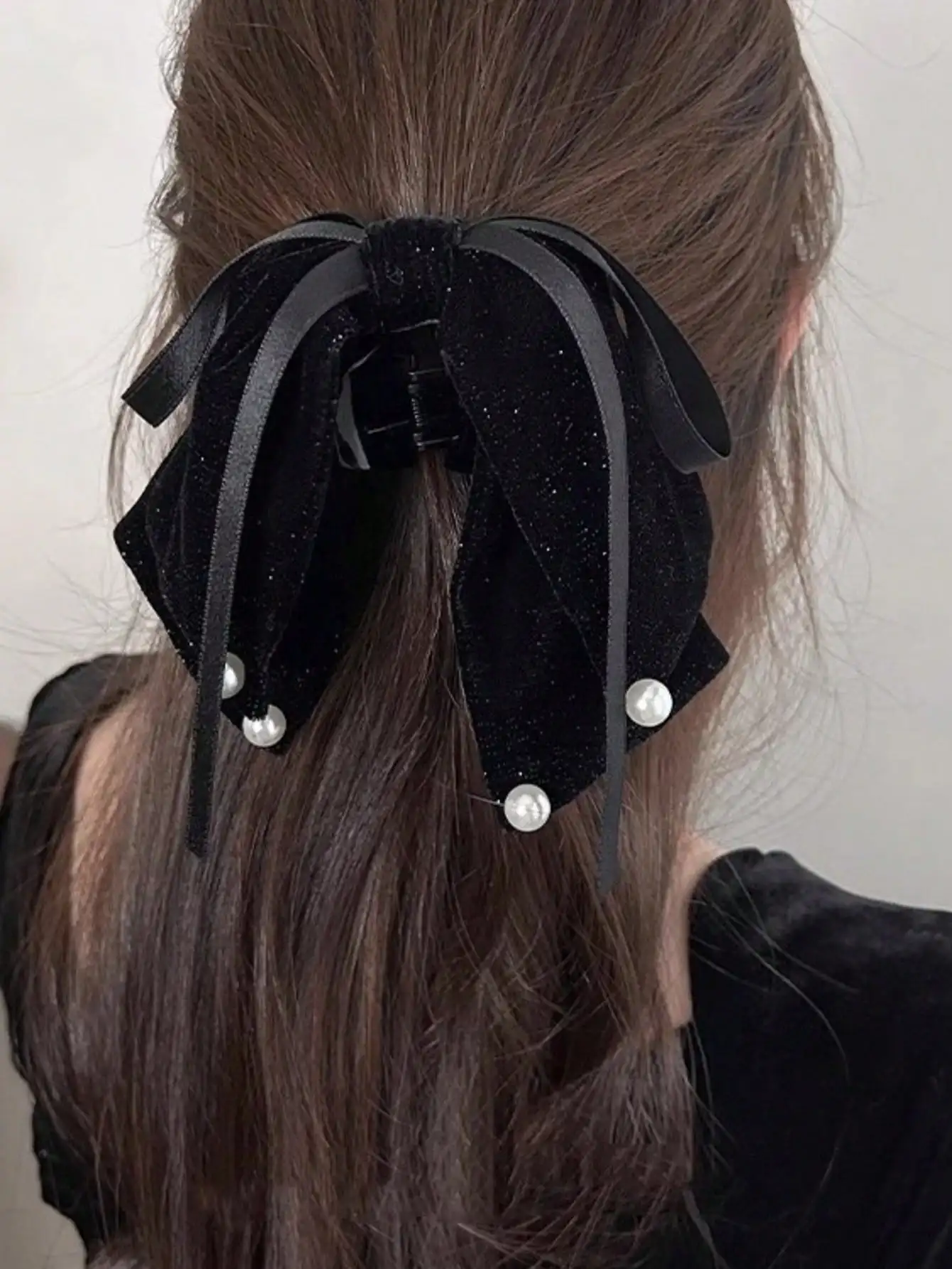 

1pc Black Velvet Faux Pearl Ribbon Bow Hair Clip, Elegant Clip Suitable For Casual, Outdoor, Party, Versatile Hair Accessory