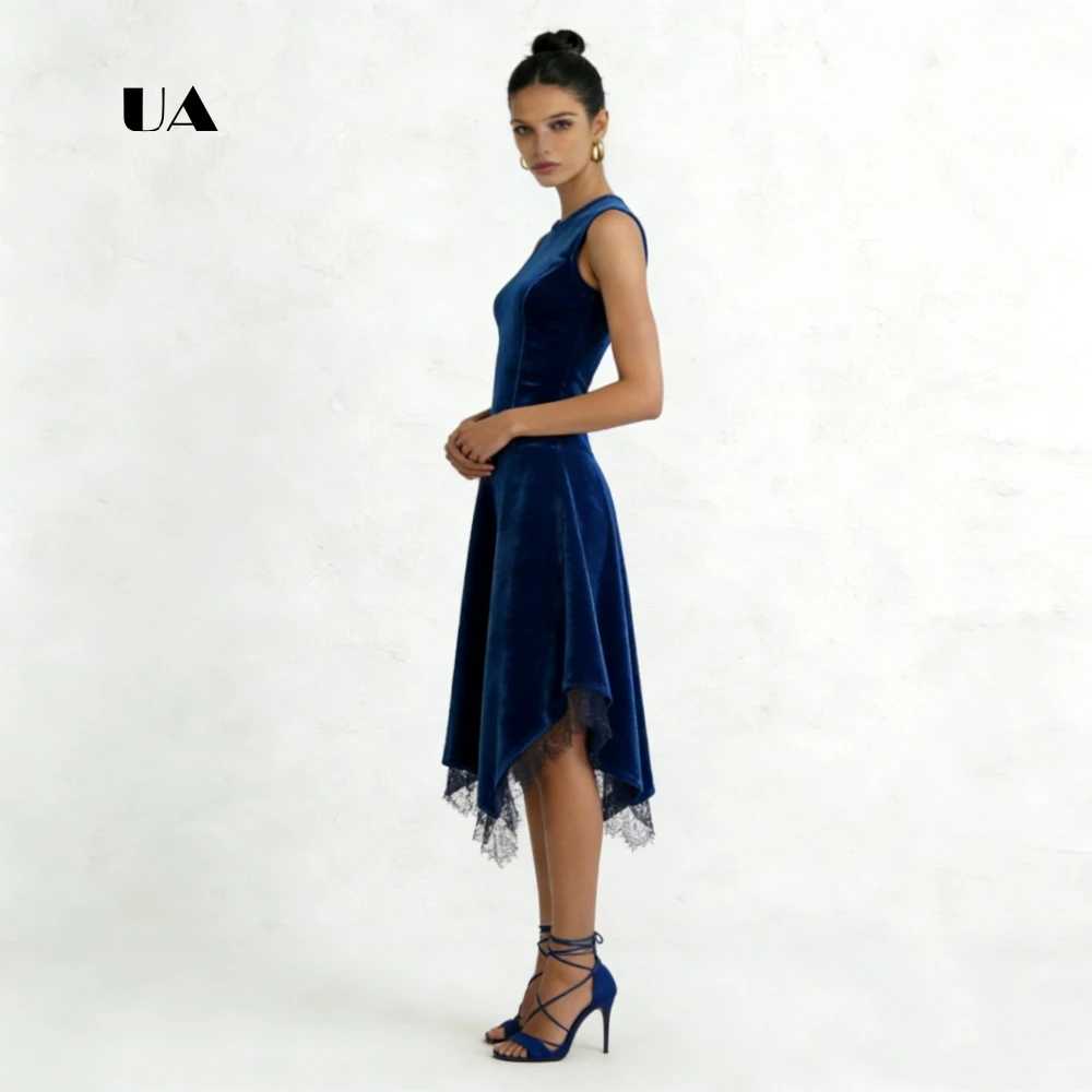 ULBYANRY Fluwelen asymmetrische galajurk met kanten bijgesneden zoom Effen O-hals gedrapeerde avondjurk Mouwloos op maat gemaakte feestjurk