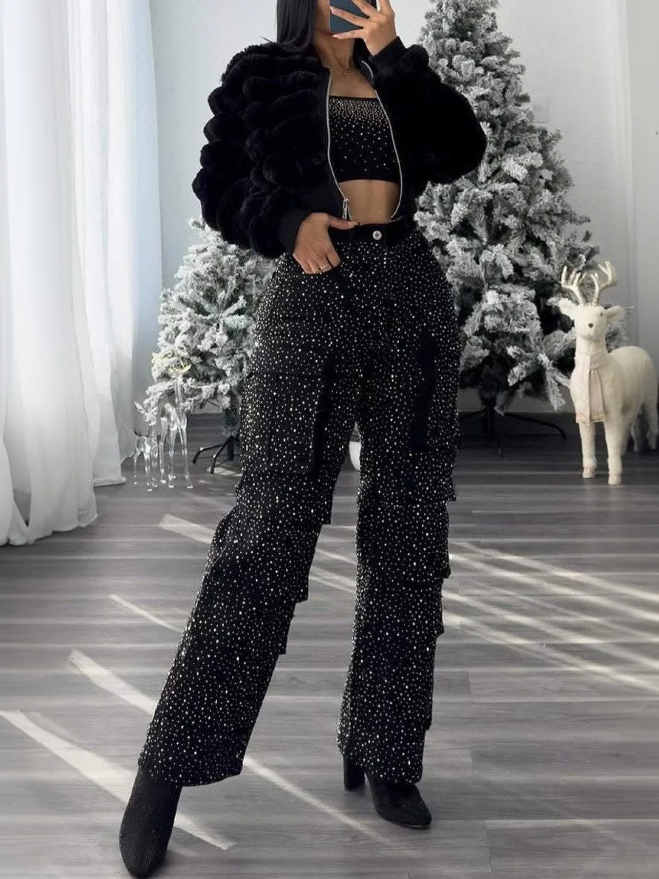 2025 New High Waist Black Rhinestone Multi-Pocket Work Jeans, Street Style, High Quality Fashionable Straight Jeans, a Must-Have