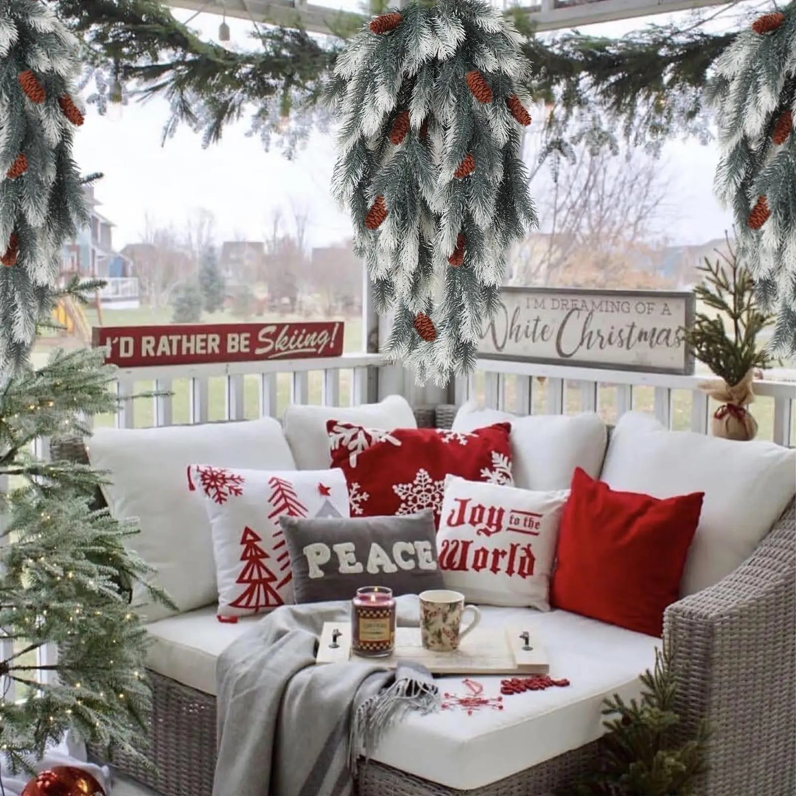 1 Stück künstliche Tannennadeln zum Aufhängen, Ranke mit künstlichem Tannenzapfen aus Kunststoff, künstliche Pflanzen für Weihnachtsfeier, Zuhause, drinnen und draußen – Detail 5