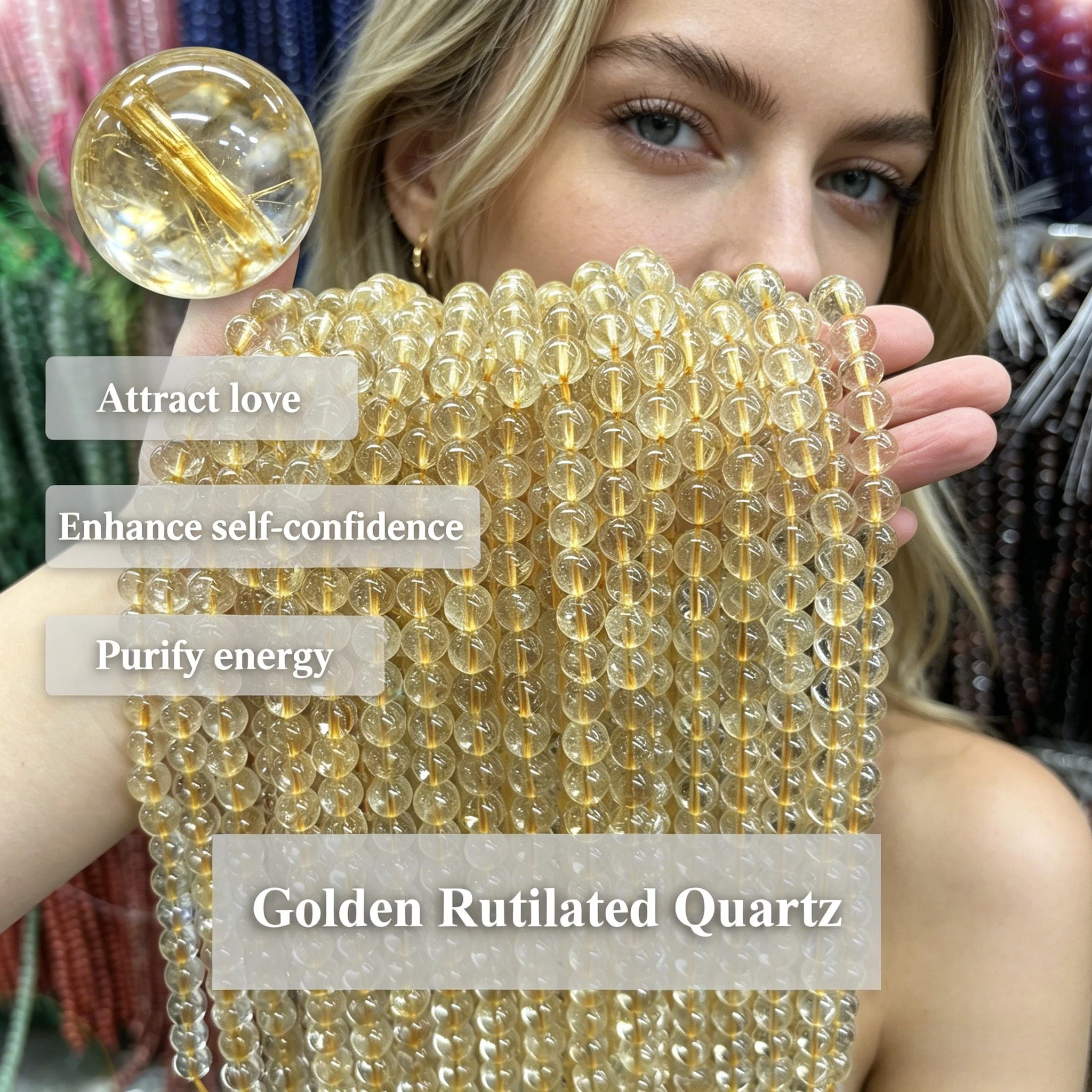 Natural Golden Rutilated Quartz Beads 4 6 8 10mm Round Loose Gemstone Beads Bracelet Necklace DIY Making New Jewelry Accessories