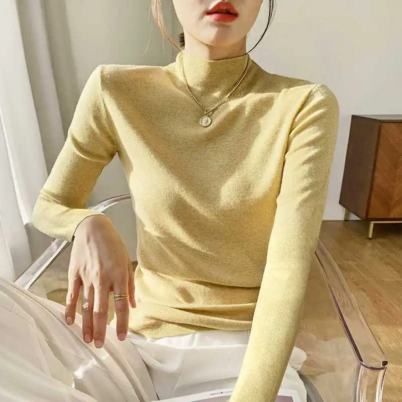 

Half Turtleneck Sweater Long Sleeves Inner Slim Pullover Knitted Base Shirt for Women Thin Tops