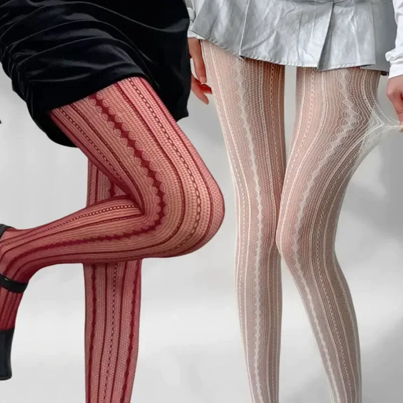 Vintage Red Lace Fishnet Pantyhose Women Hollow Diamond Shape Elastic Vertical Stripe Long Stockings Girls Crochet Hook Tights