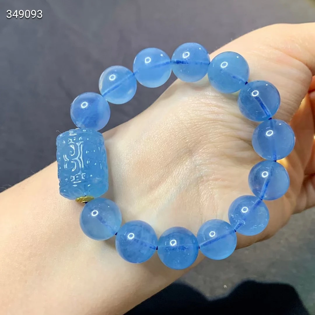 Natural Blue Aquamarine Women Carved Clear Barrel Beads Bracelet 13.7mm Aquamarine Pendant Barrel Carved Bead Stretch AAAAAA