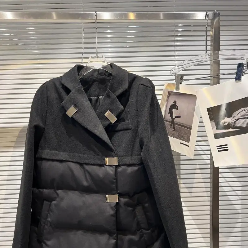 Black Cotton Jacket Autumn Winter Women's Chic Square Buckle Woolen Splicing Warm Suit Cotton-padded Coats Thick Loose Outerwear