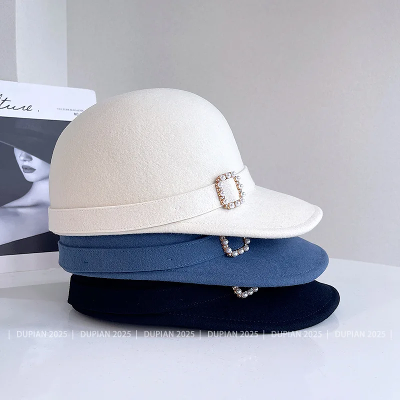 

Японская мода, новые декоративные шерстяные конные шапки с жемчужными пуговицами для женщин, зимняя женская винтажная кепка-федора, встроенная шляпа с козырьком