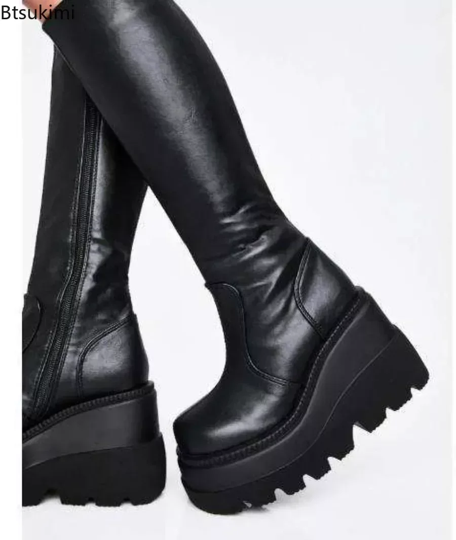 2025 Women Boots Mid-calf Wedge High Heel Platform Lace Up Zip Ladies Pumps Female Punk Gothic Motorcycle Black Round Toe Shoes