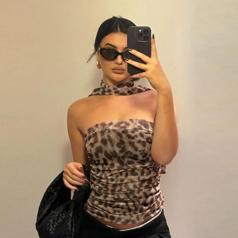 

Women Tulle Leopard Print Top with Bandeau Off-the-shoulder Straight-cut Neckline Summer Casual Girls for Summer Blouse