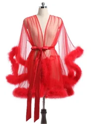 Sexy Feather Robe Seductive Mesh Perspective Sex Fur Bathrobe Passionate Waist Tightening Robe Dressing Gown