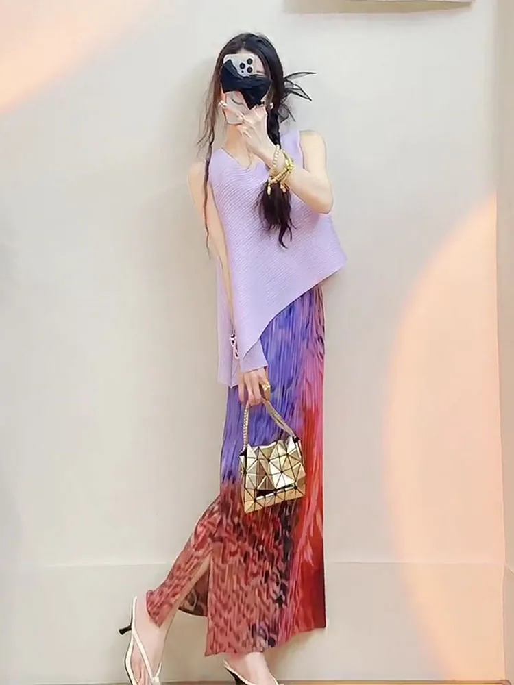 

High Waist Pleated Purple Skirt And Top Set Fashionable Summer Outfit Three-Zone Artistic Creation Women's Casual Style Ensemble