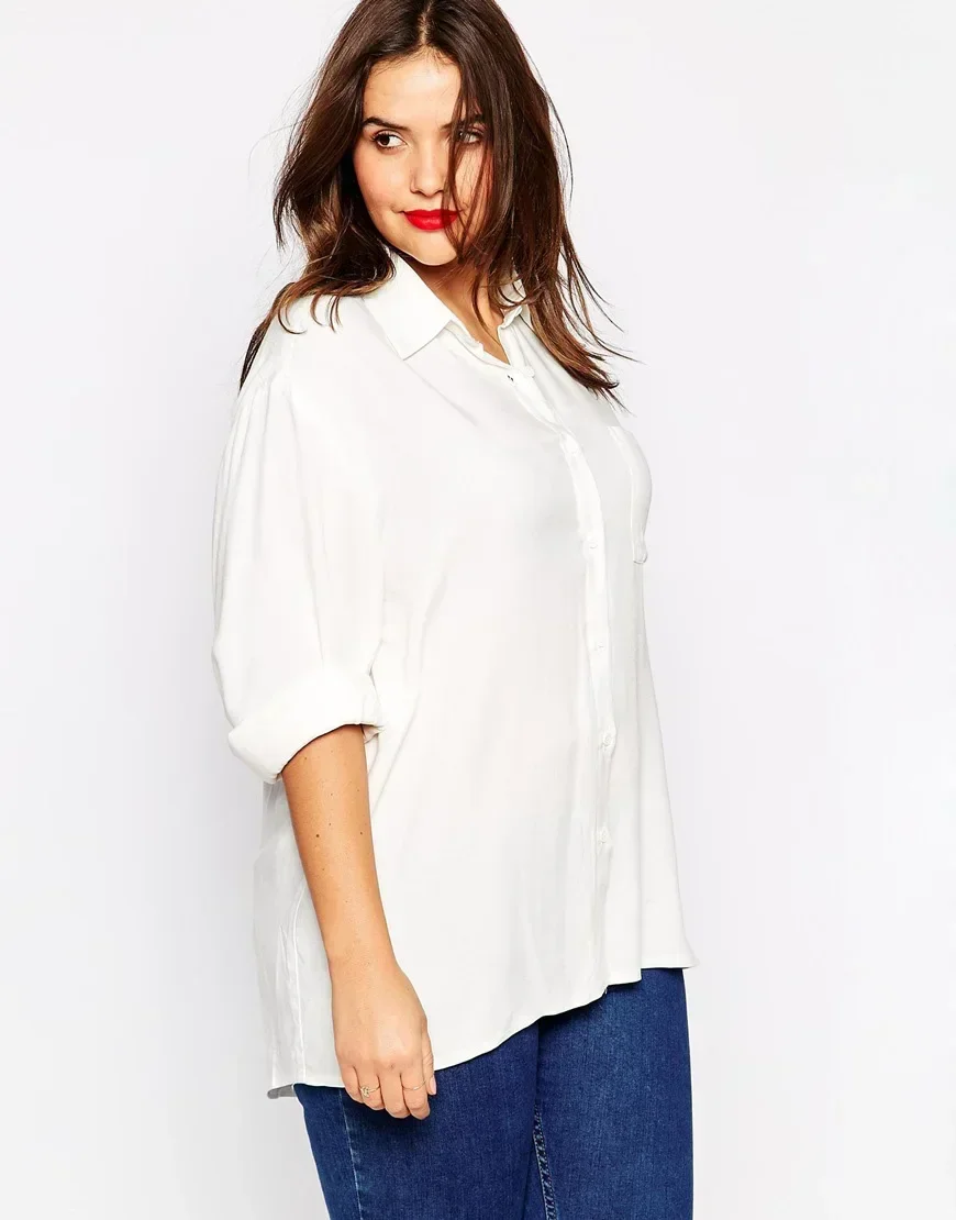 

Womens Plus Size Hi Low Shirt Long Sleeve Loose Oversize Solid White Pocket Spring Autumn Button Office Elegant Blouse 5XL 6XL