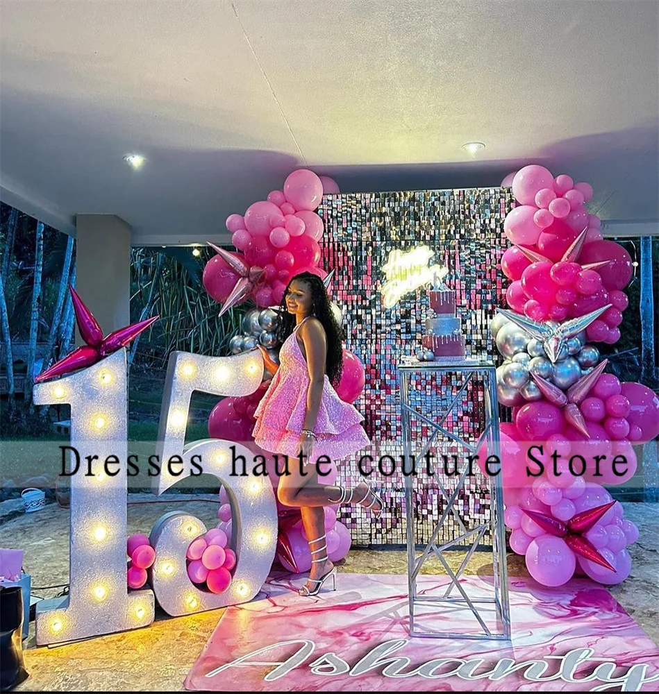 Vestido de fiesta corto con lentejuelas escalonadas, color rosa, Sexy, sin espalda, para fiesta de cumpleaños, vestido de cóctel personalizado para chica negra, 2025