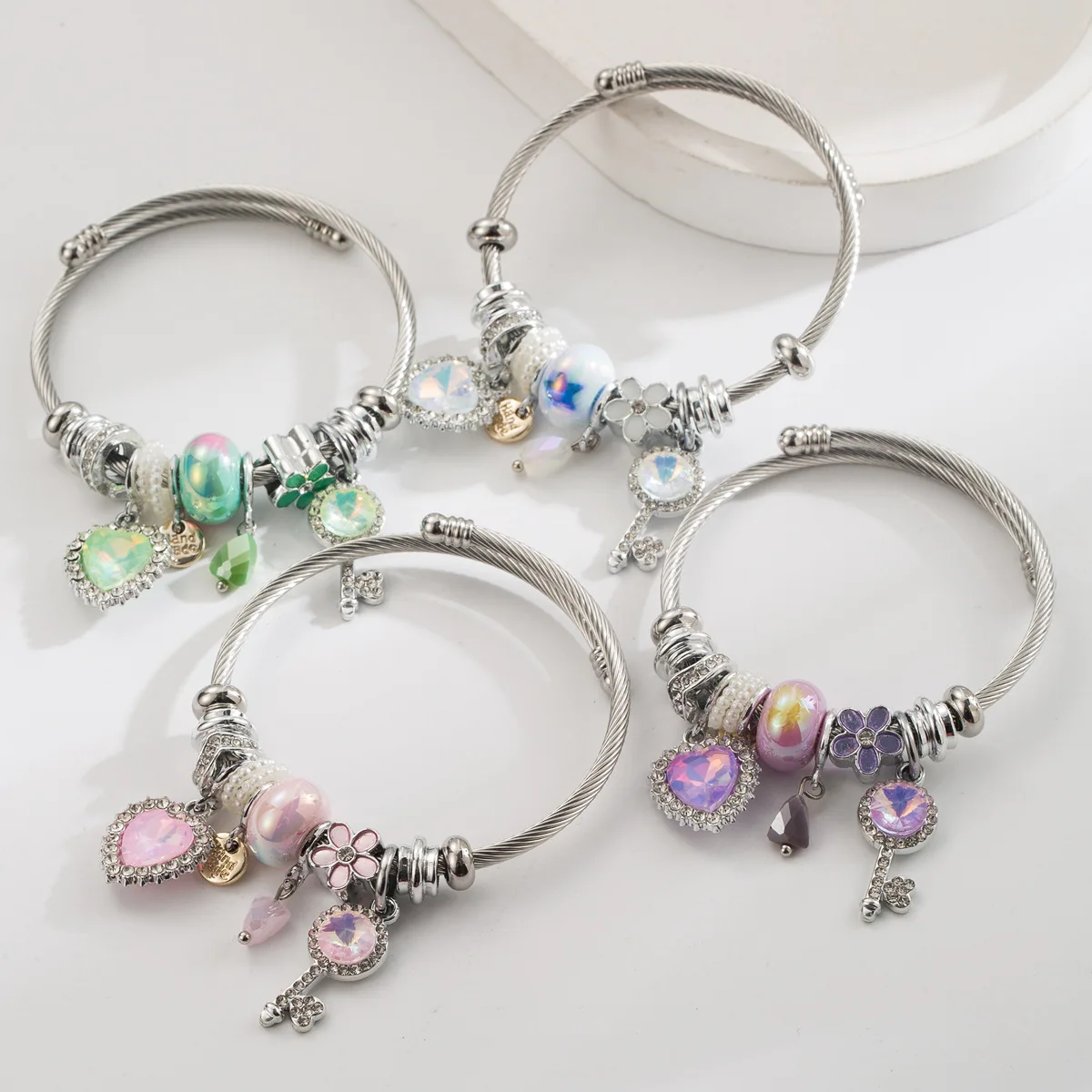 Twisted Cable Wire Bangle Bracelet Shiny Iridescent Crystal Beads Key Heart Flower Charm Stackable Wristwear For Daily Style