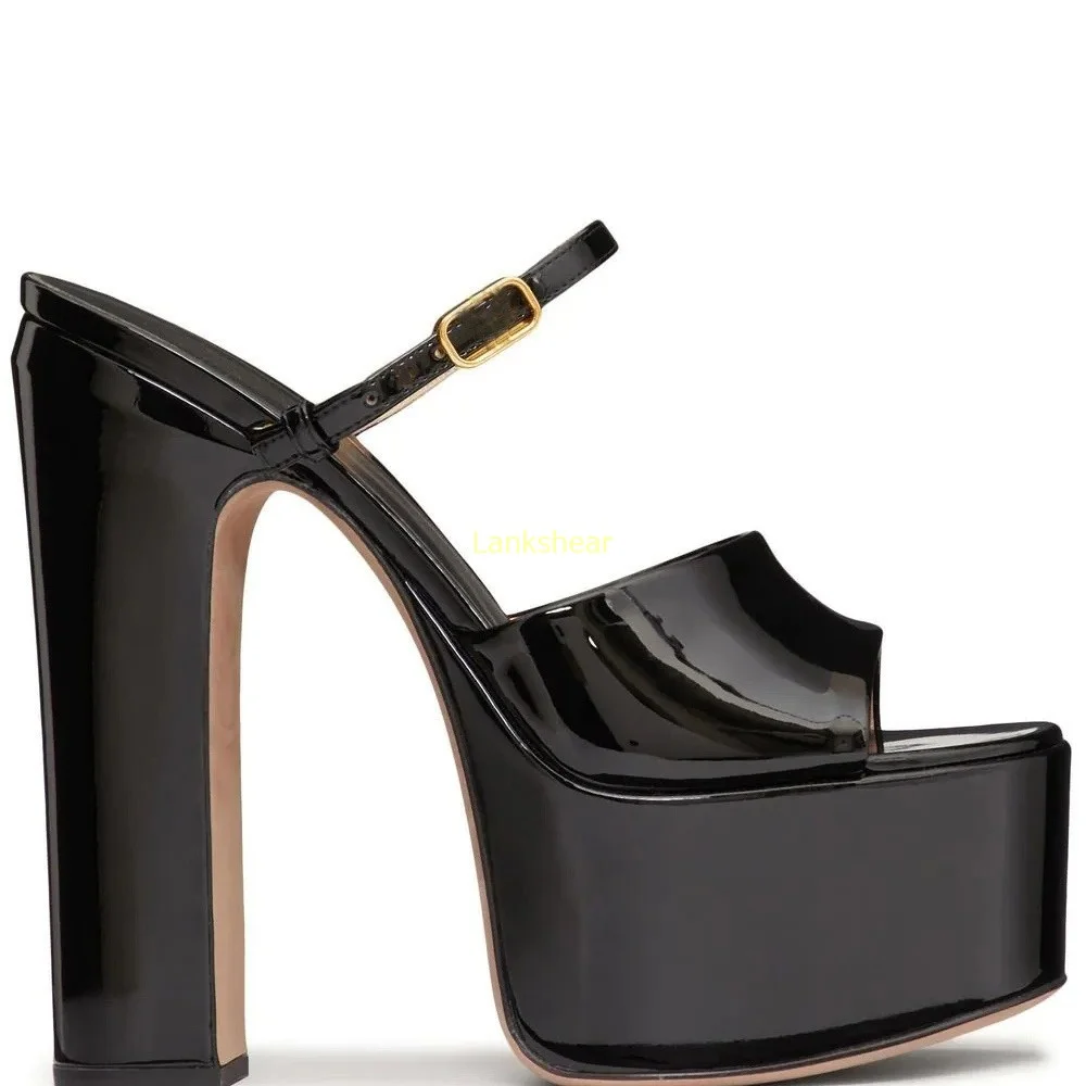 

Black Platform Patent Leather Sandals Sexy Pointed Toe Thick Heel Buckle Strap New Arrivals Fashion Women Runway Shoes