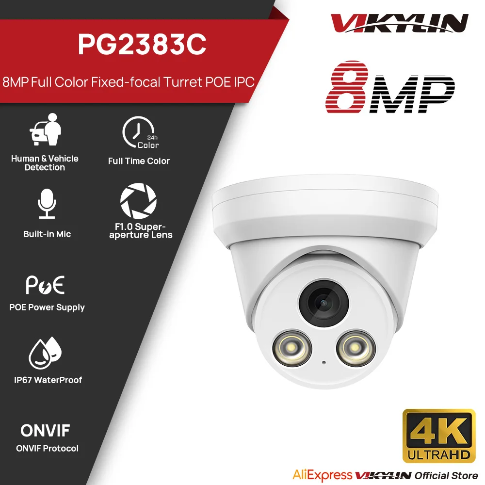 

VIKYLIN 8MP Full Color Night Vision IP Camera Outdoor Audio POE H.265+ Onvif IP67 Human Vehicle Detection CCTV Camera