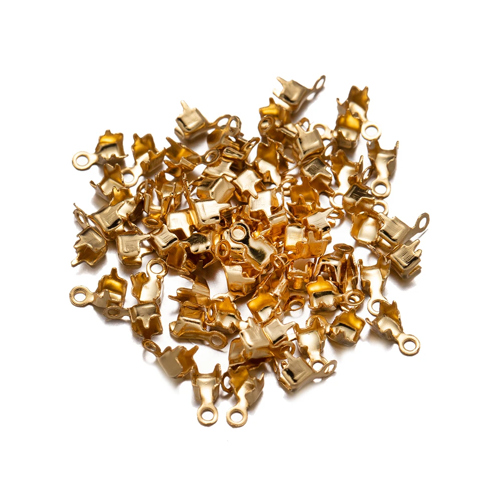 50Pcs Stainless Steel Gold Crimp Trim End Beads Connectors Clasp Tips Fastener DIY Necklace Rhinestone Chain Jewelry Making