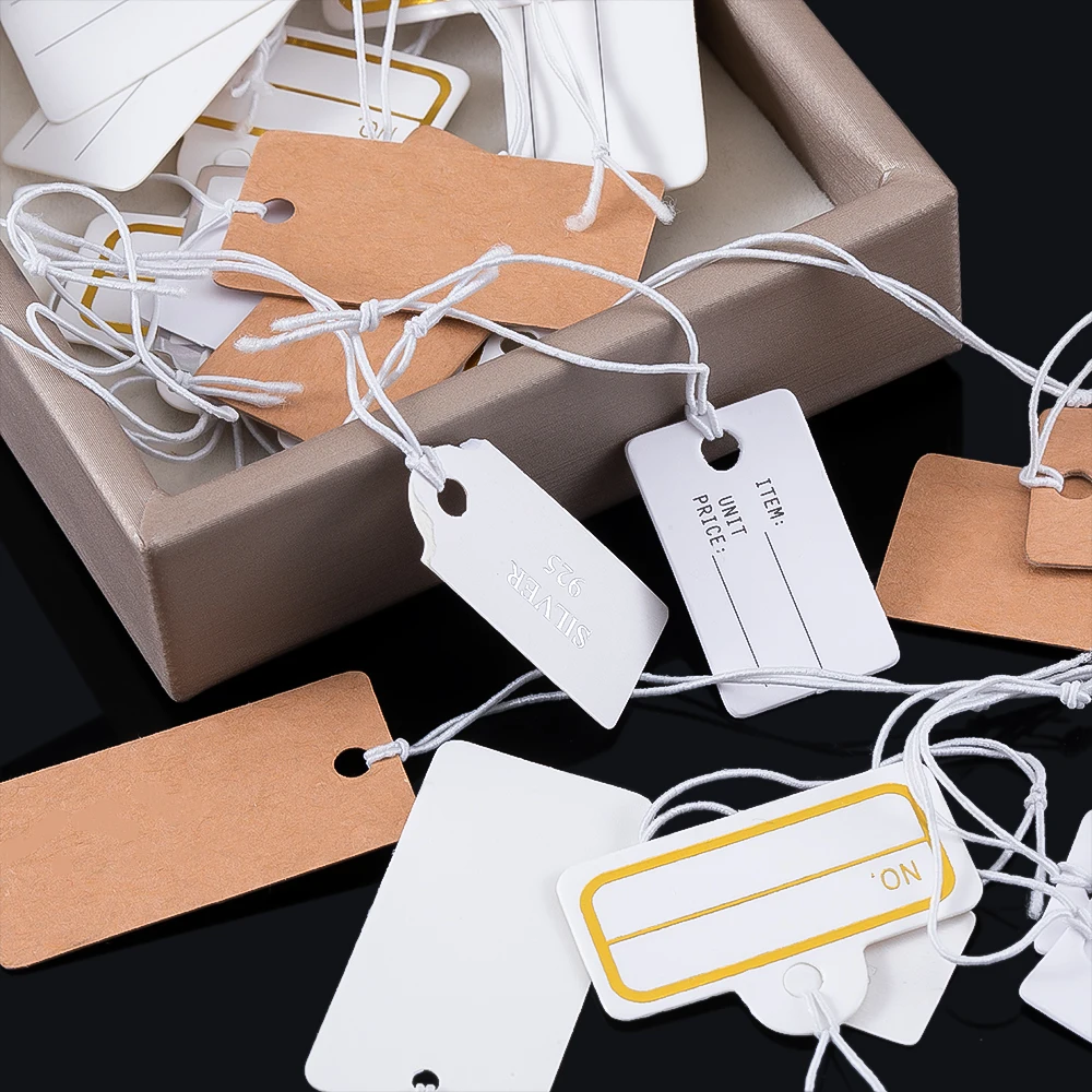 50pcs Multi Size Rectangular Paper Price Tag Jewelry Price Display Card Promotional Label Blank Bungee Rope Hang Tag