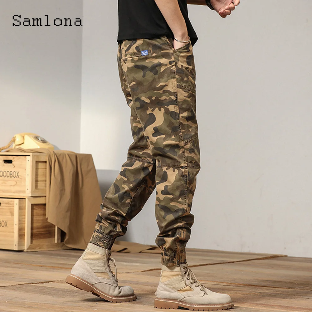 Samlona Plus Size Mens Casual Pants 2024 Summer Camouflage Pants Male Elastic Waist Pocket Trouser Outdoor Vintage Leisure Pant