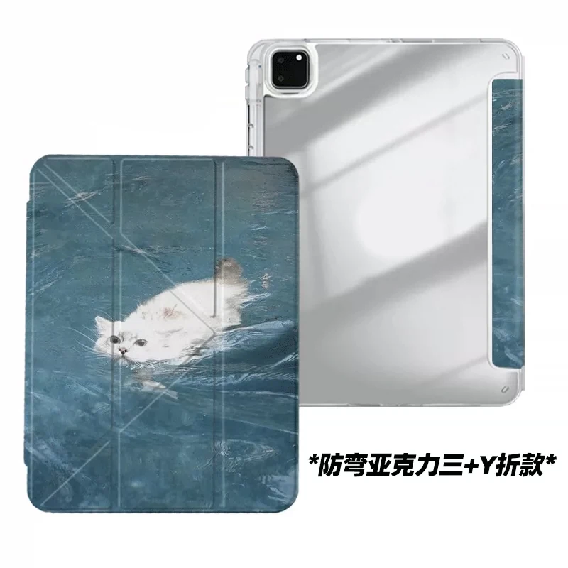 Summer Pool Swimming Cute Cat Transparent For iPad Case iPad 10 9 8 7 Air 6 5 4 3 2 Pro 11 Mini Y-Fold Tri Fold Protective Cover