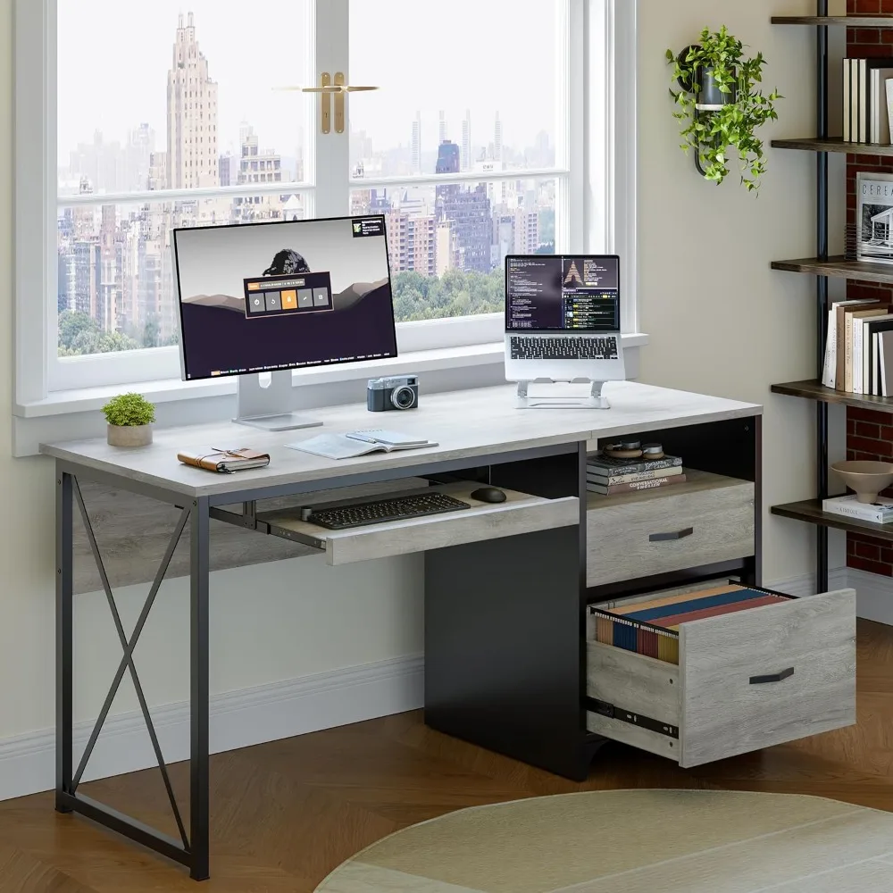 Office Desk with Drawers, 55 inch Industrial Computer Desk with Storage, Wood Teacher Desk with Keyboard Tray & File Dra