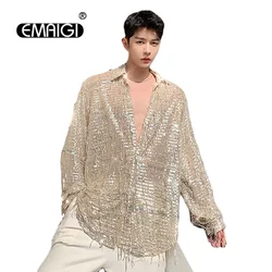 Men See Through Long Sleeve Casual Tassel Sequins Shirt Male Retro Oversized Streetwear Loose Dress Shirts Stage Show Clothing