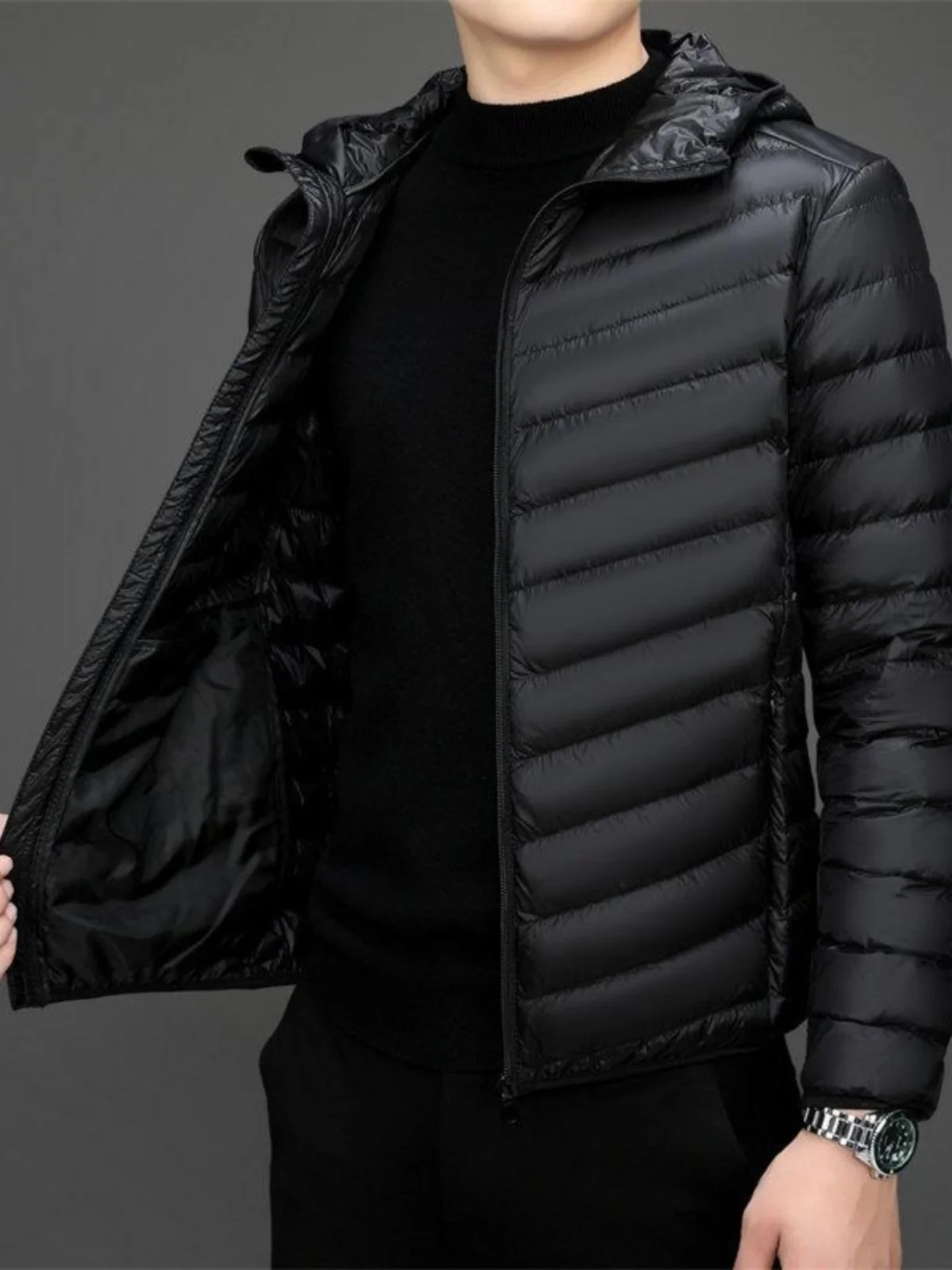 Men's Winter Cotton Jaet Lightweight ort down Workwear Coat Warmth Modern Sle Hooded Zipper Closure Faion Urban