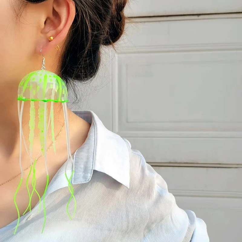 Creative Fluorescent Jellyfish Earrings Exaggerated Tassel Lifelike Colored Jellyfish Personalized Earrings Women's Jewelry Gift