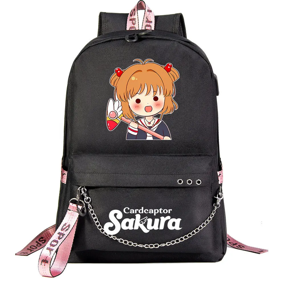 Anime sakura menina cartão captor usb mochila escola livro sacos fãs sacos de viagem portátil corrente fone de ouvido