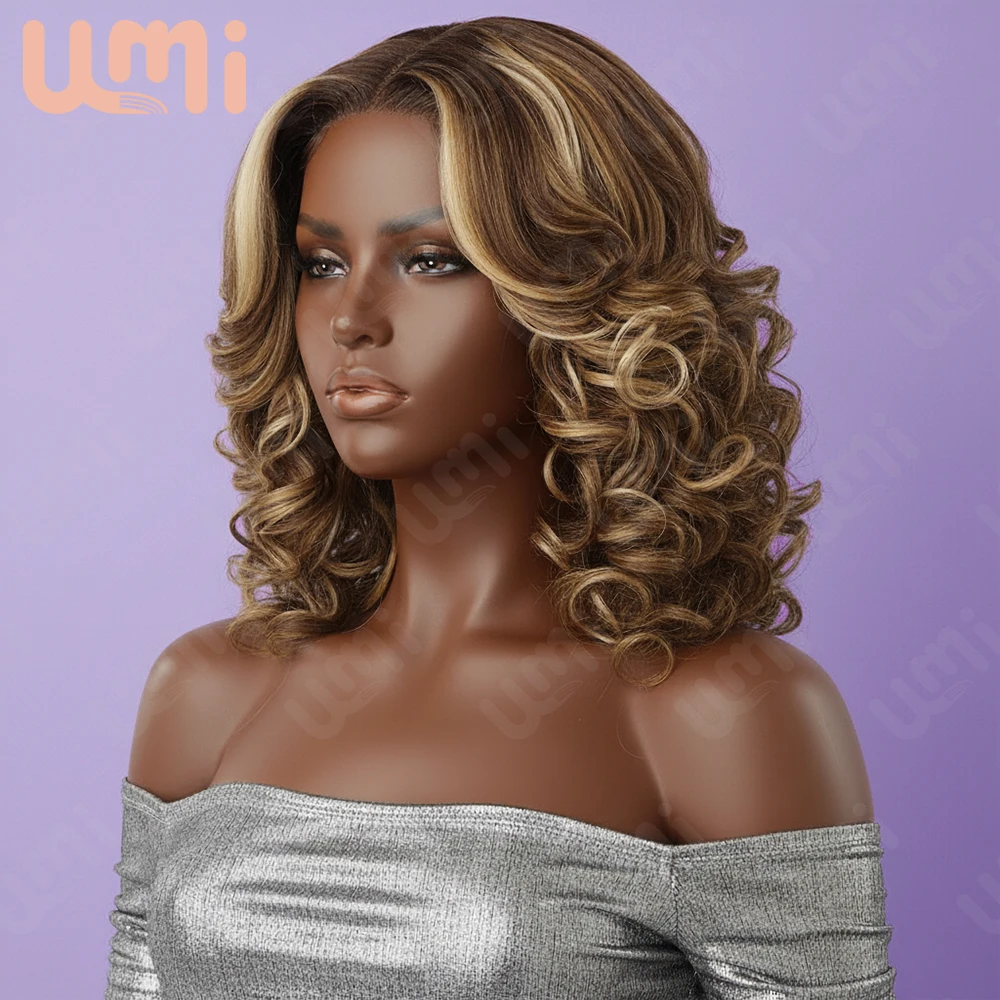 Umi 13x4 #4/27 Highlight Body Wave Lace Frontal Human Hair Wigs 230 Density Pre Plucked Brown Blonde Ombre Short BOB Wigs